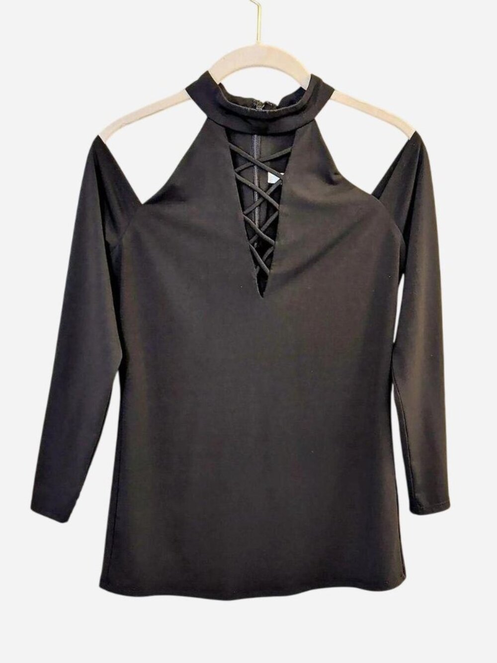 Boston Proper Black Lace-Up Cold Shoulder Top Size Small